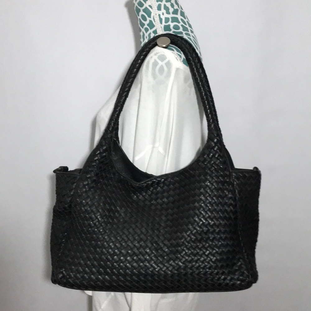 Platania Woven Black Italian Leather Shoulder Satchel Purse Bag